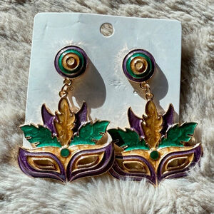 Mardi Gras Carnival Tri-color Masquerade Mask Dangle Post Earrings NWT